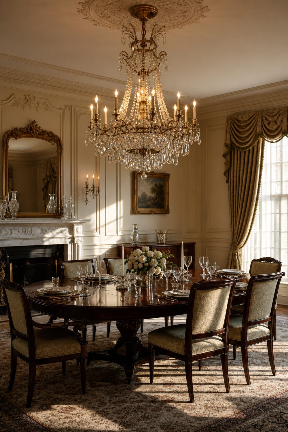 Tiered crystal chandelier above a formal mahogany dining table set with china and stemware