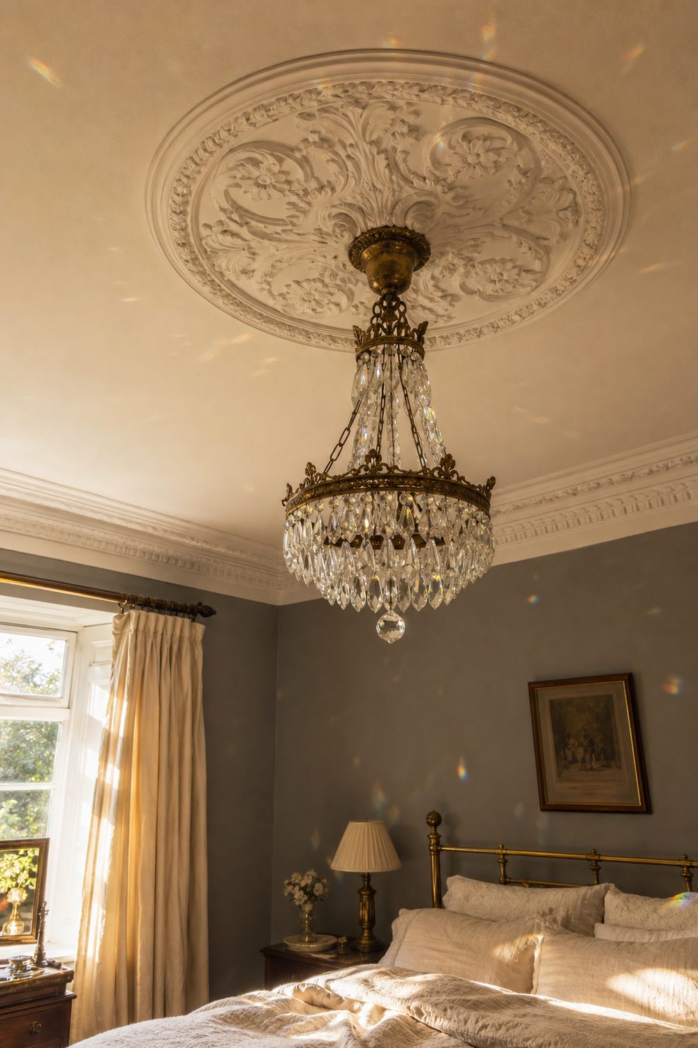 Small crystal chandelier with brass frame hanging above a bed with cream bedding in a Victorian bedroom with a decorative ceiling rose