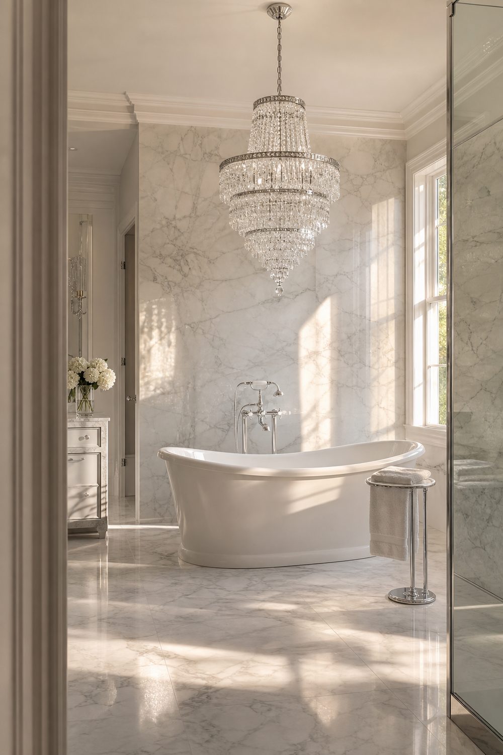 Tiered crystal chandelier hanging above a white freestanding soaking tub in a marble bathroom with honed grey veined floor tile