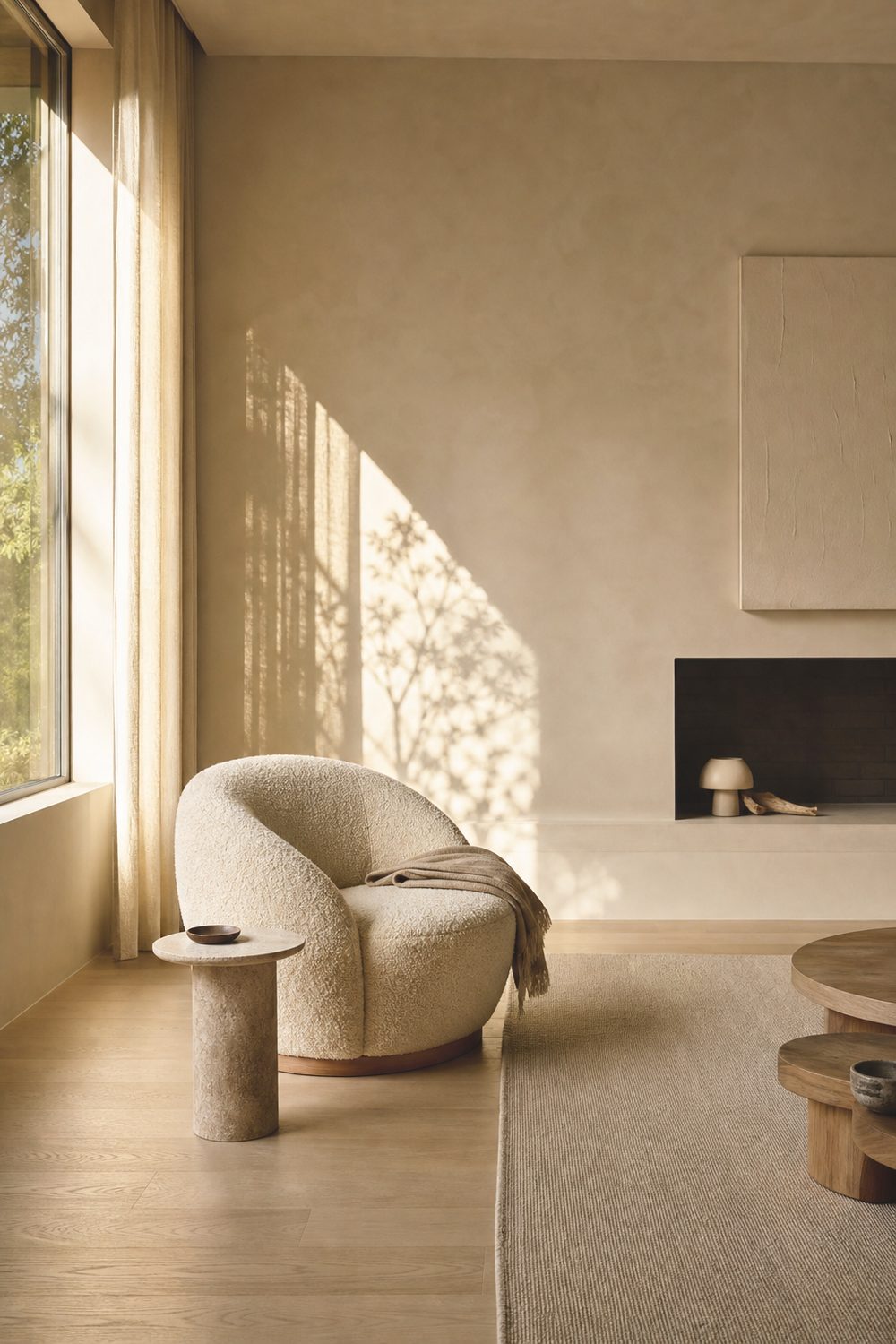 Curved cream boucle lounge chair angled in the corner of a minimalist living room with plaster walls