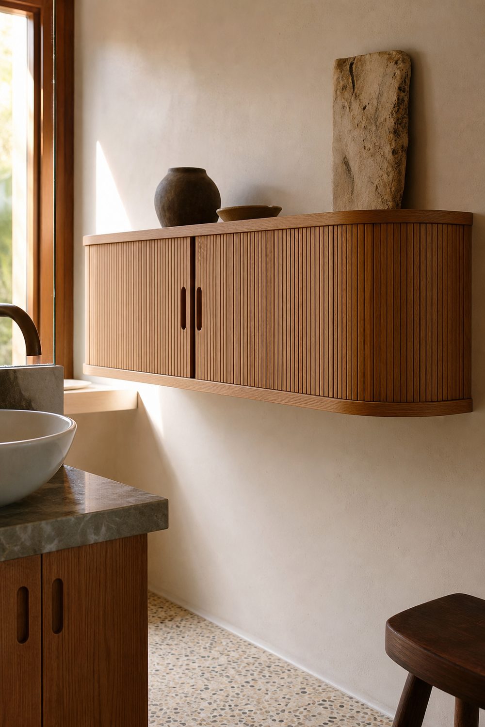 Wall mounted oak cabinet with fluted doors and curved rounded ends floating above a terrazzo floor in a bathroom
