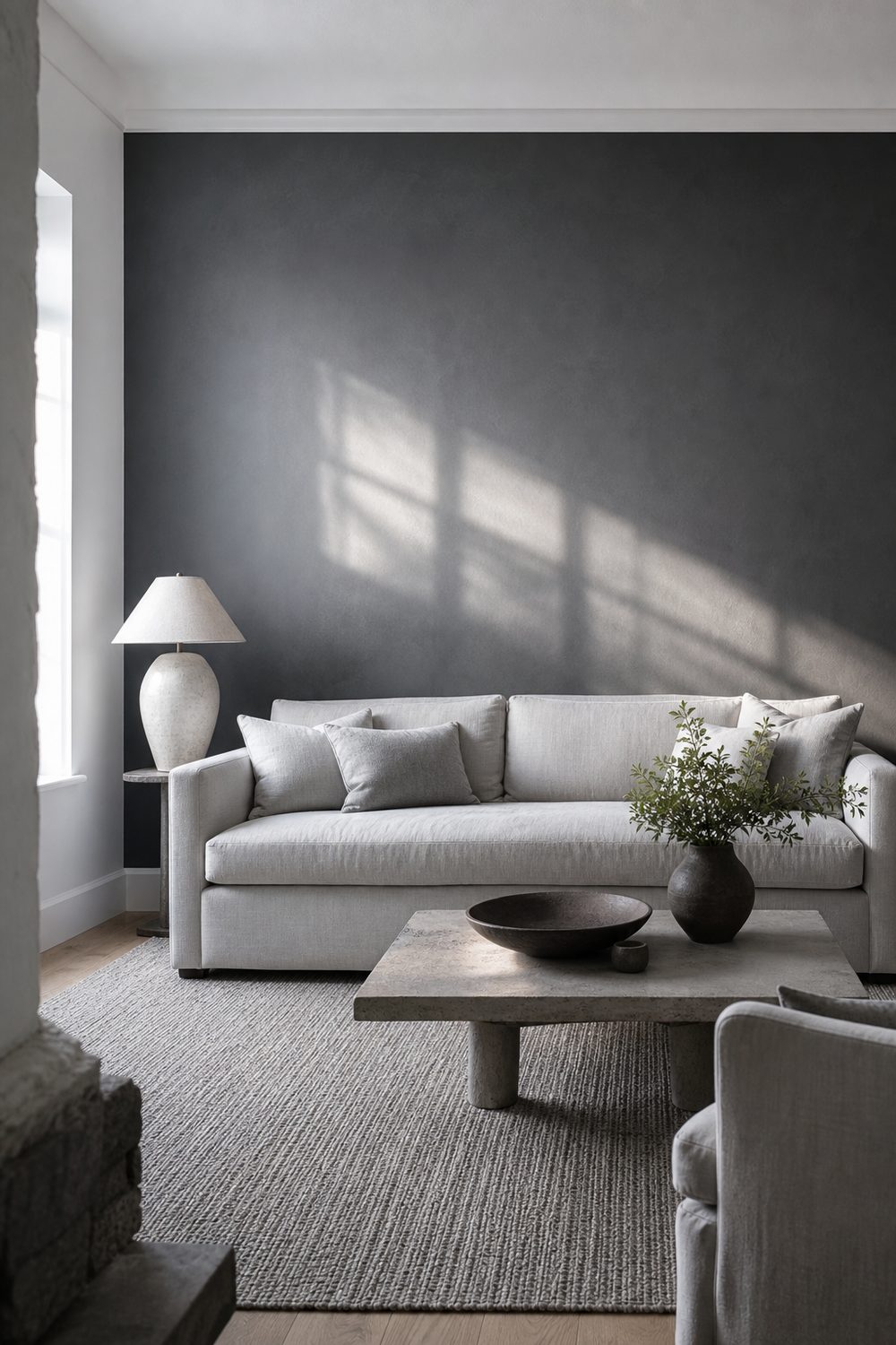 Charcoal grey accent wall behind a pale grey sofa with white ceiling, grey rug and white ceramic table lamp