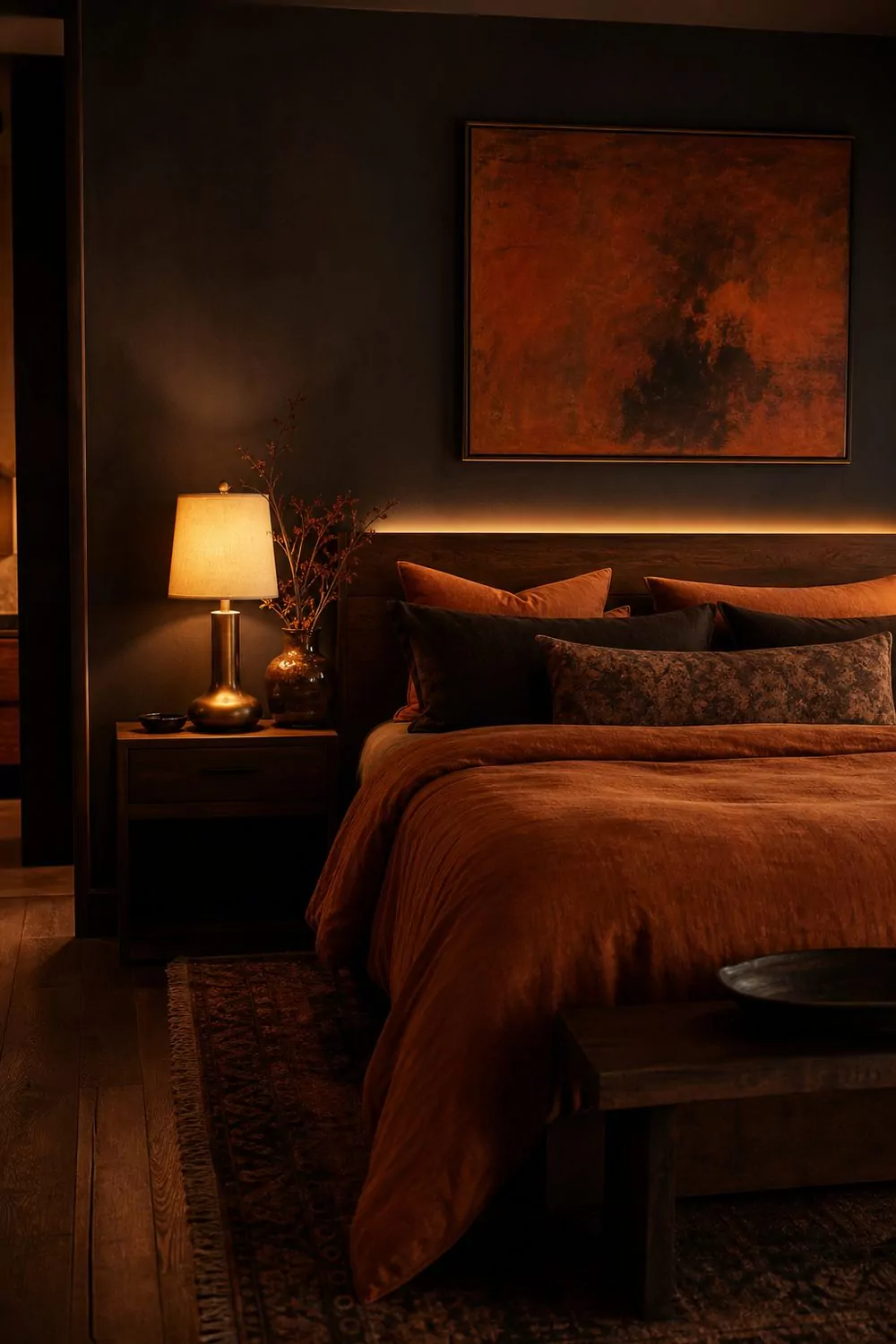 Charcoal painted bedroom walls with rust orange bedding and art, warm brass bedside lamps and dark stained oak flooring