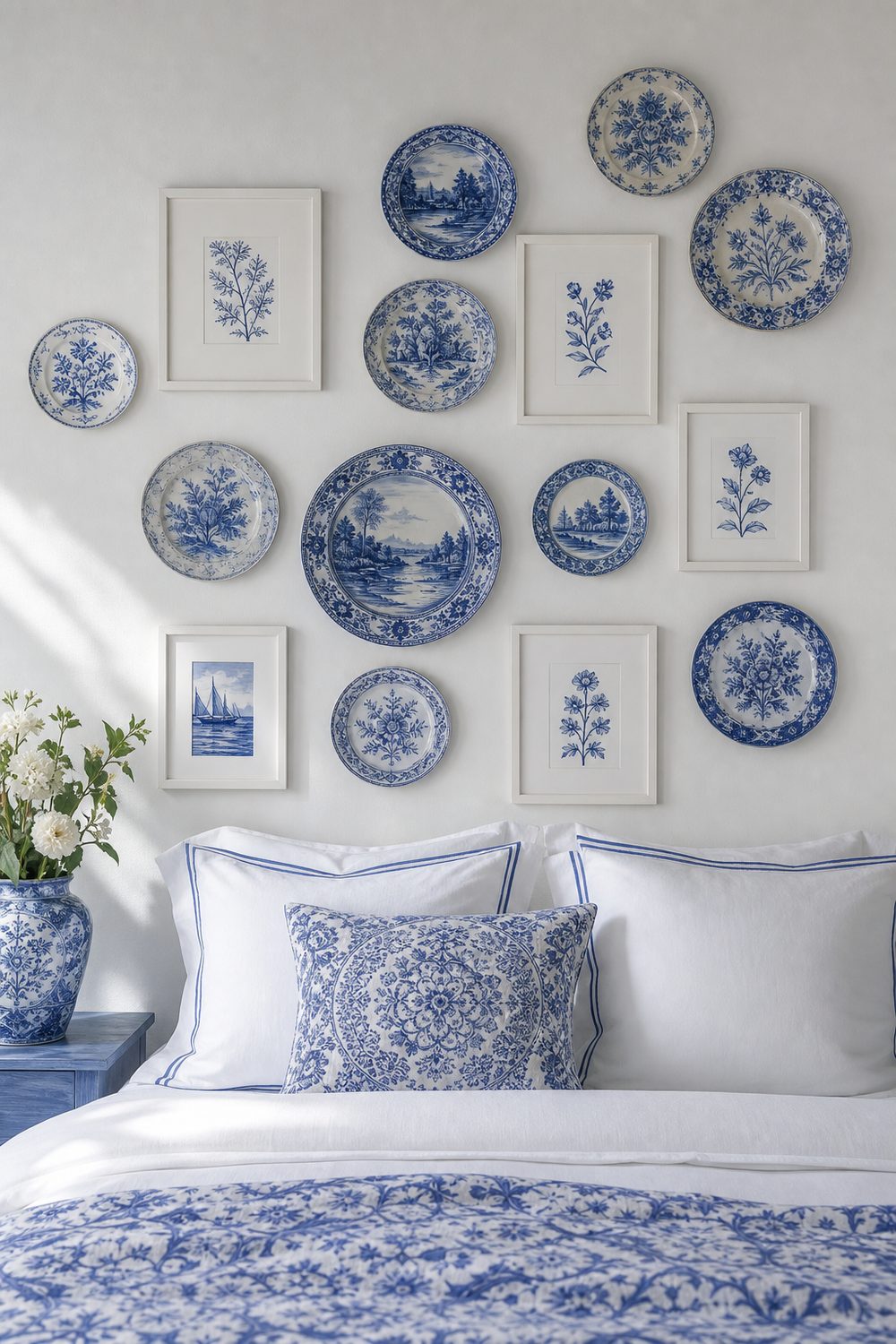 Gallery wall of blue and white Delft plates and small framed blue prints on a crisp white bedroom wall above plain white bedding