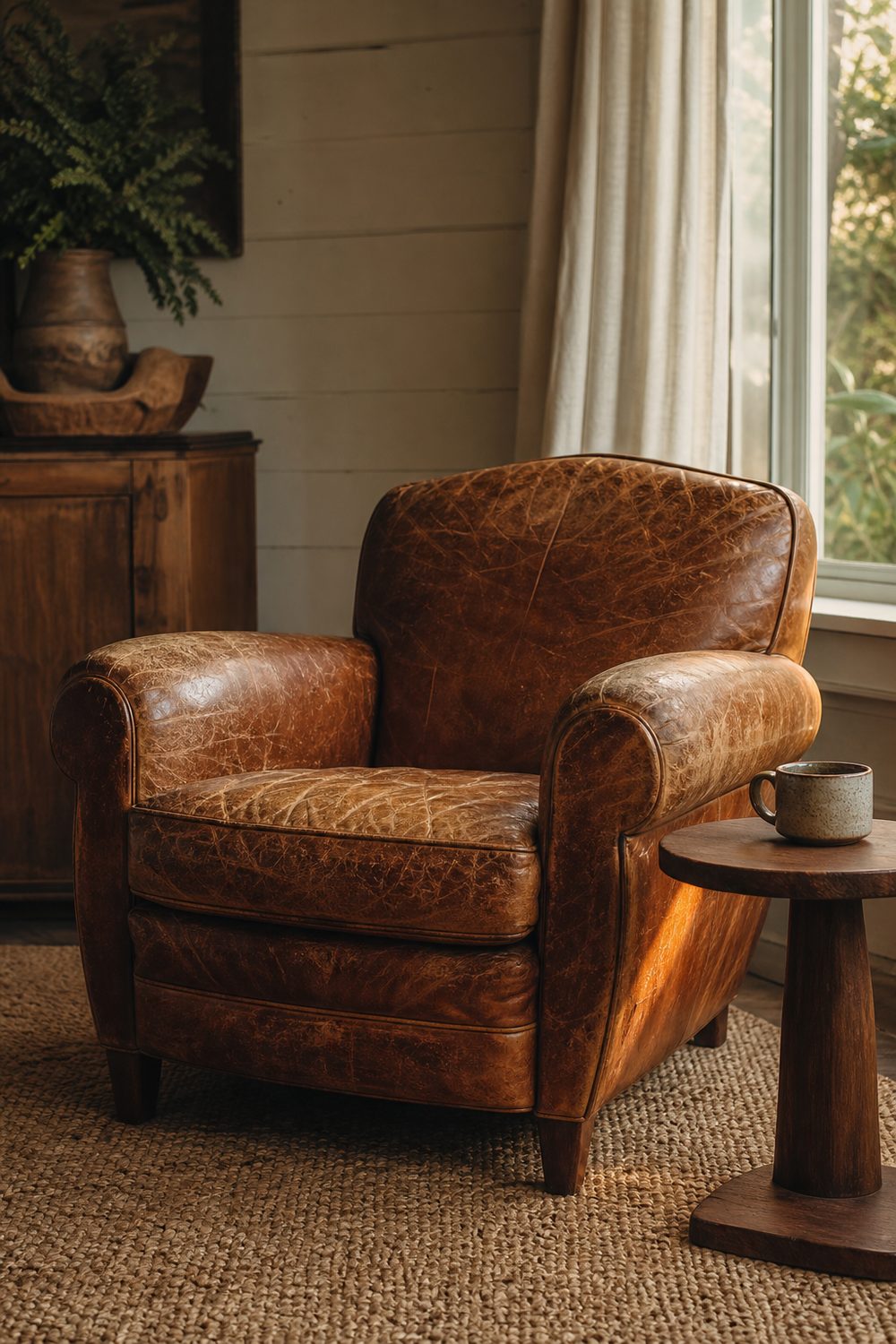 Distressed cognac leather club chair with worn creased arms beside a farmhouse living room window and small walnut table