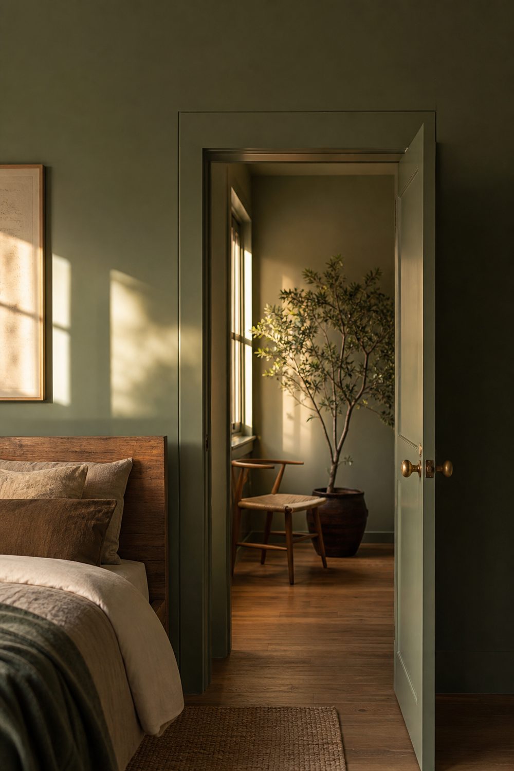 Door casing painted the same sage green as the surrounding wall in a small bedroom with natural oak floors
