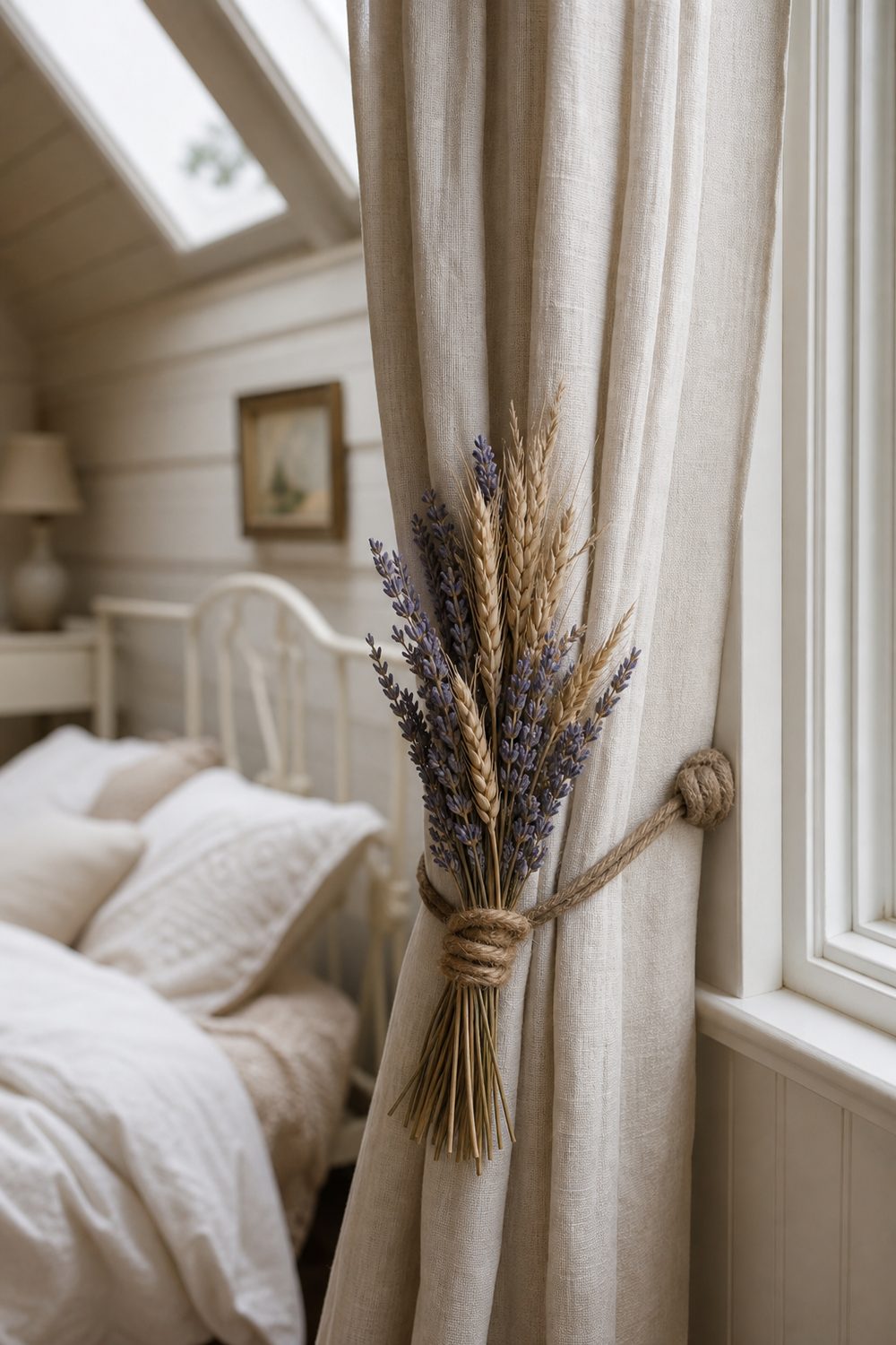 Small bundle of dried lavender and wheat stems bound to a jute cord tie back against an ecru linen drape