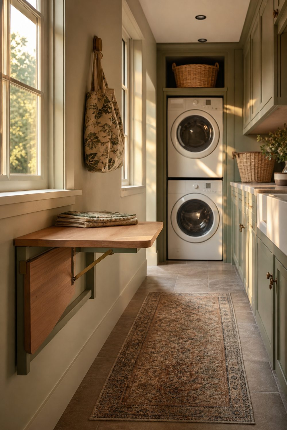 Drop leaf folding table with one beech leaf raised and one lowered along the wall of a narrow sage green laundry room