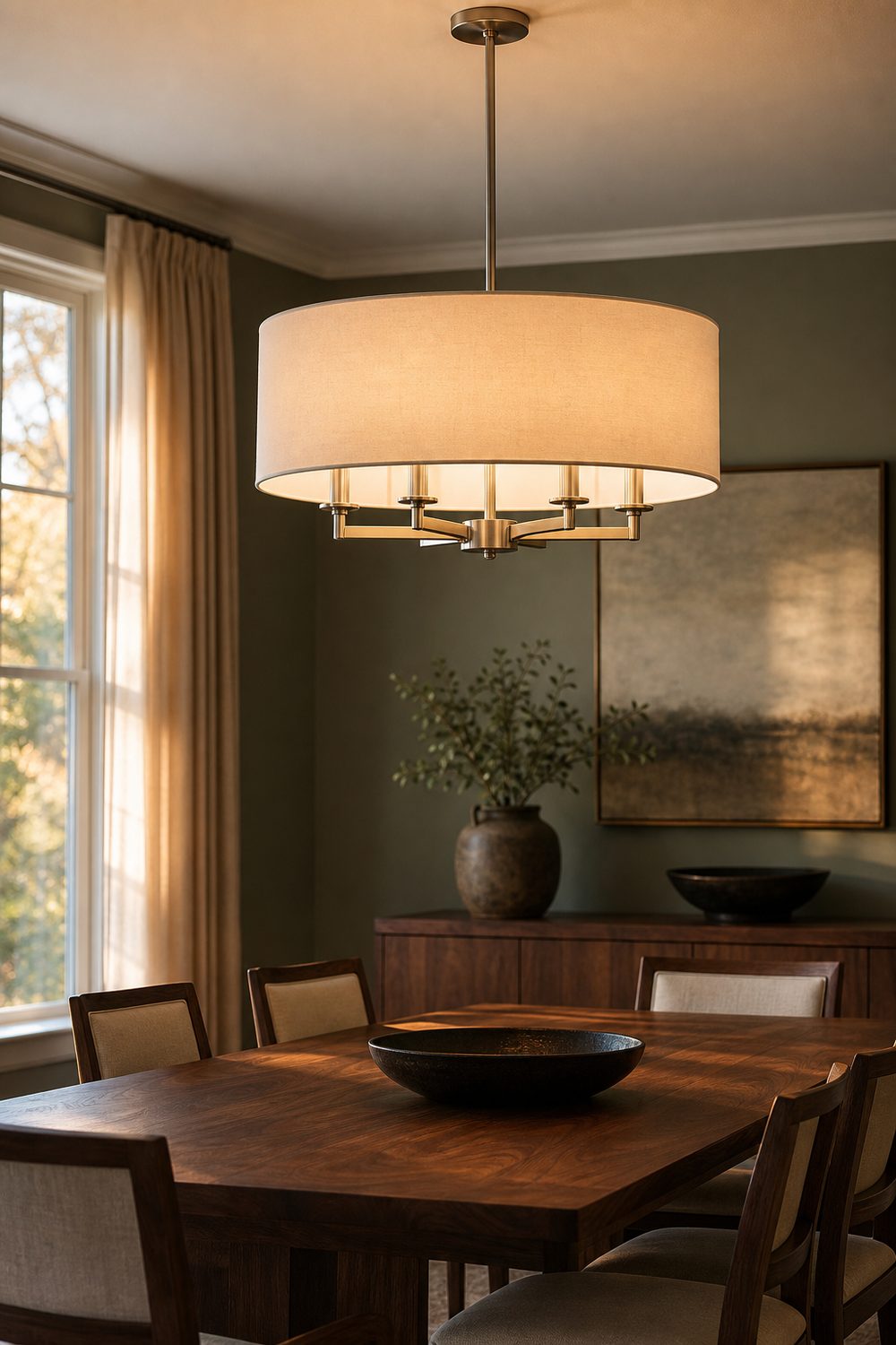 Cream fabric drum shade chandelier casting soft light over a walnut dining table with six chairs
