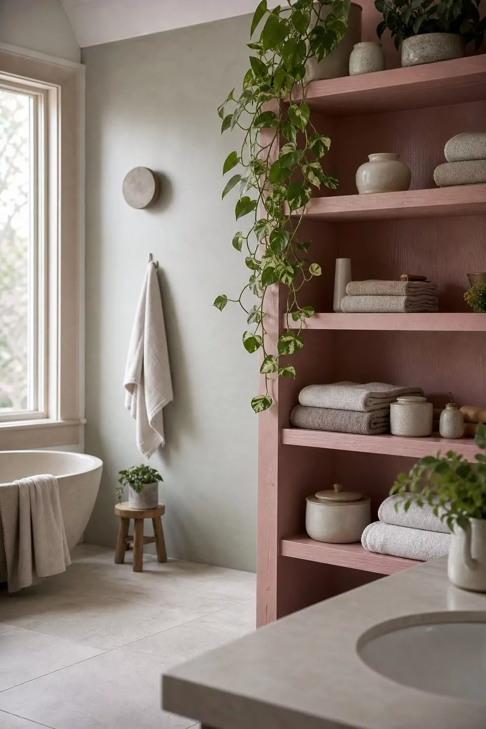 Bathroom corner with dusty pink painted open shelving holding folded towels, small trailing plants and cream ceramic jars