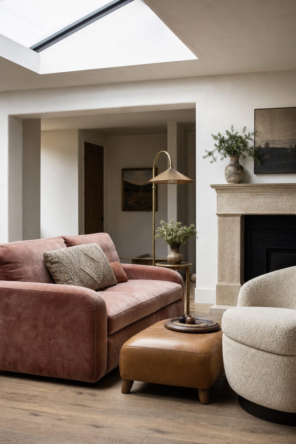 Dusty rose living room with cream boucle armchair, brass floor lamp, camel leather ottoman, and wood flooring
