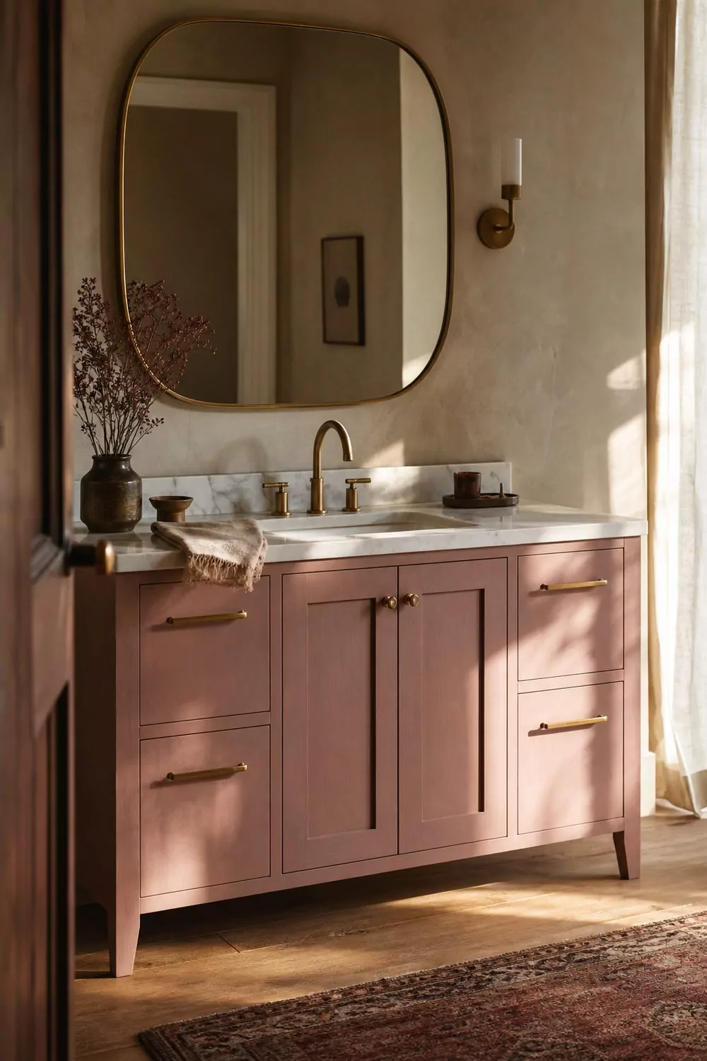 Dusty rose painted shaker vanity with honed white marble top, unlacquered brass pulls and faucet, warm oak floor beneath