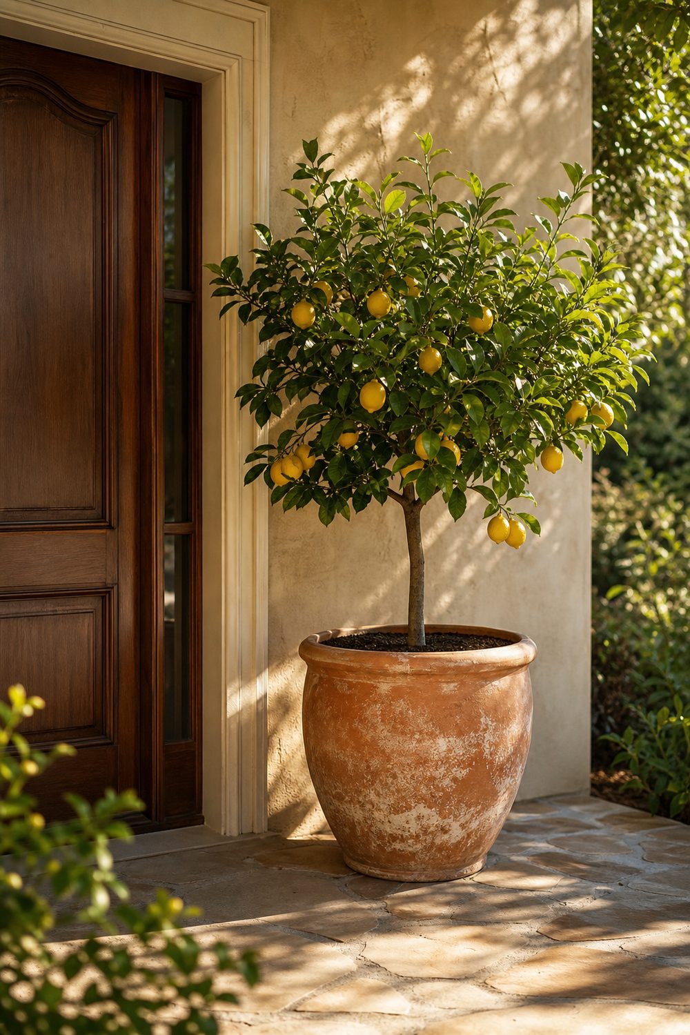 Dwarf Meyer lemon tree with yellow fruit planted in a large aged terracotta pot on a sunny front porch
