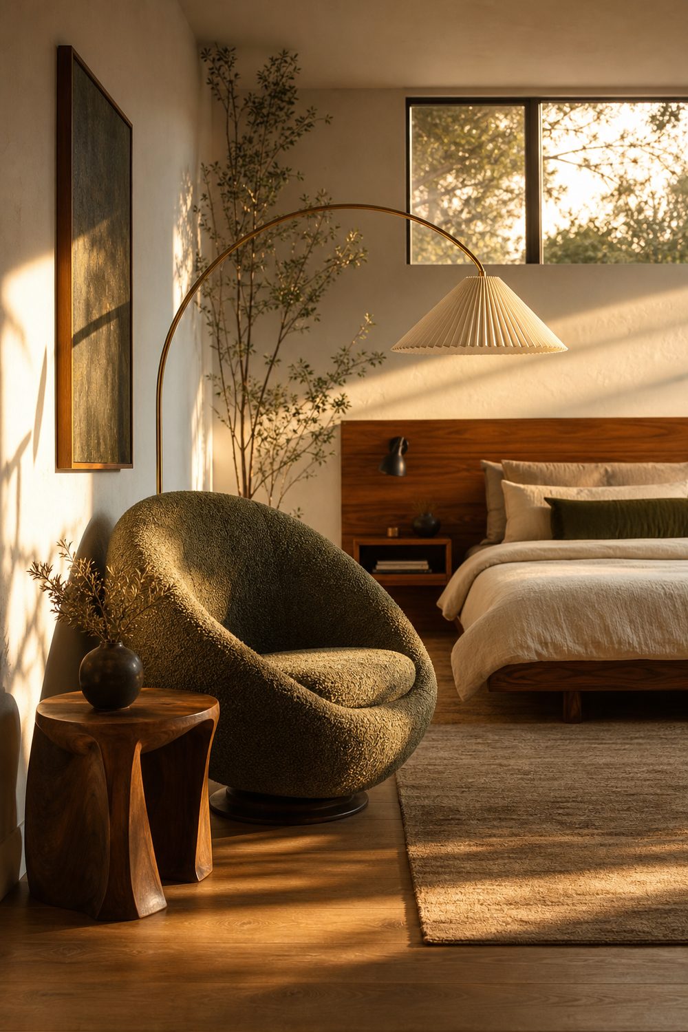 Curved egg chair in olive boucle in a bedroom corner beside a walnut side table and an arc floor lamp