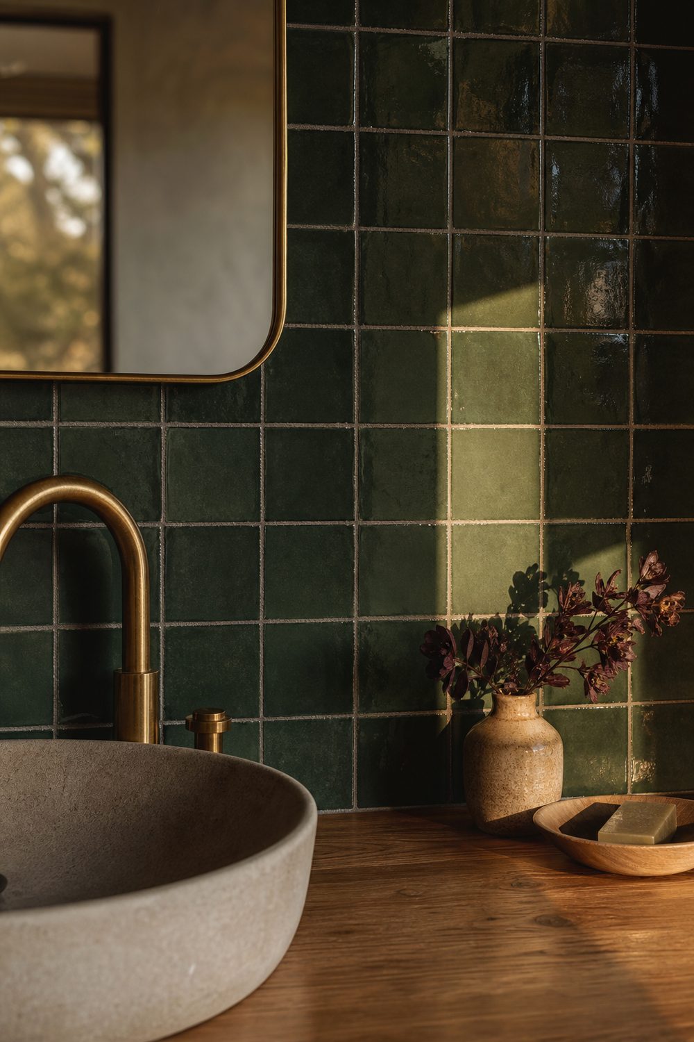 Deep green glazed square tile backsplash in a stacked grid behind a stone vessel sink with an aged brass faucet