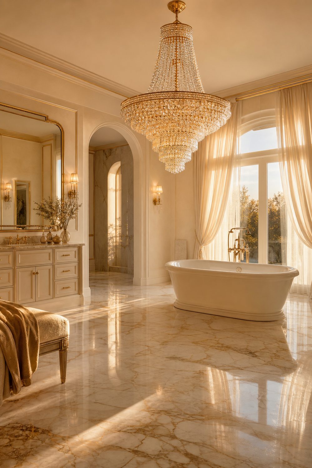 Tiered empire crystal chandelier with cascading crystal strands on a gold frame in a formal cream marble primary bathroom