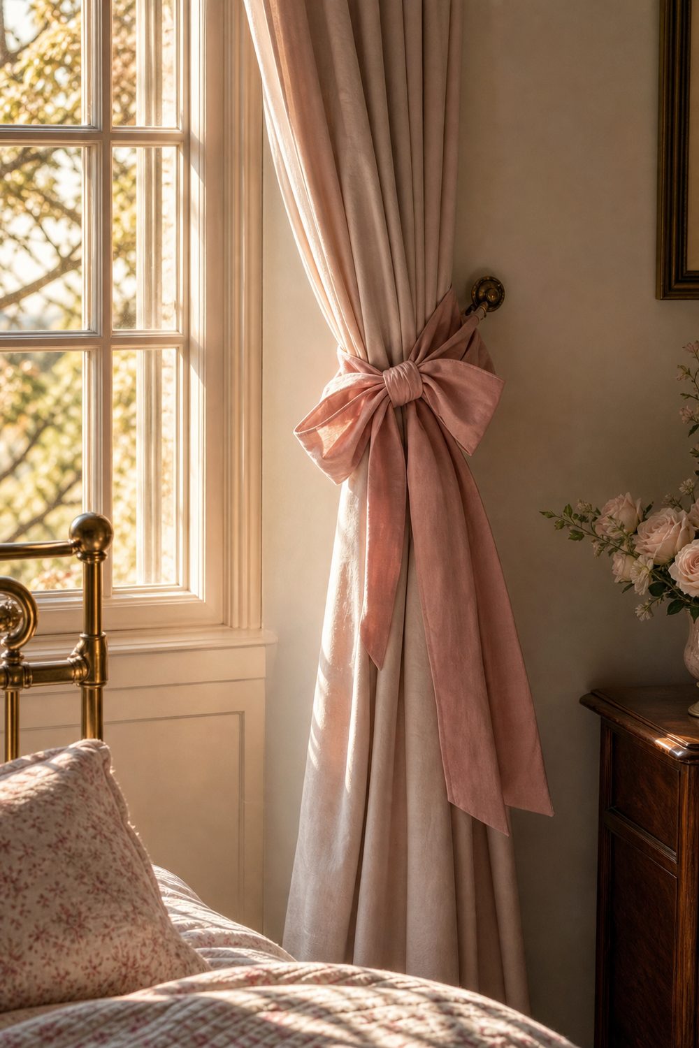 Wide blush cotton sash tied in a loose bow around a pale blush drape with tails hanging in a soft bedroom