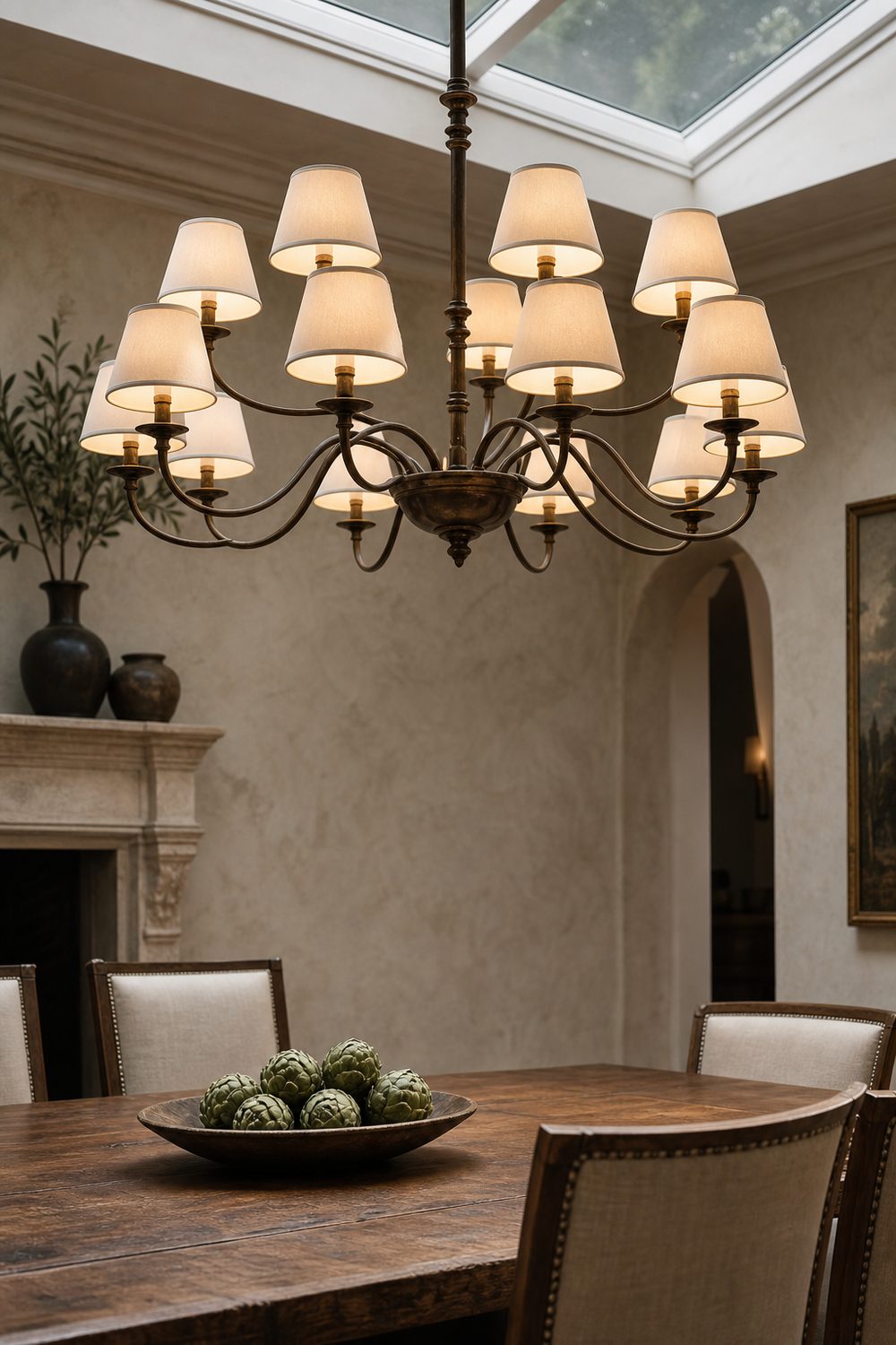 Two tier bronze chandelier with white fabric shades above a wood dining table with nailhead chairs