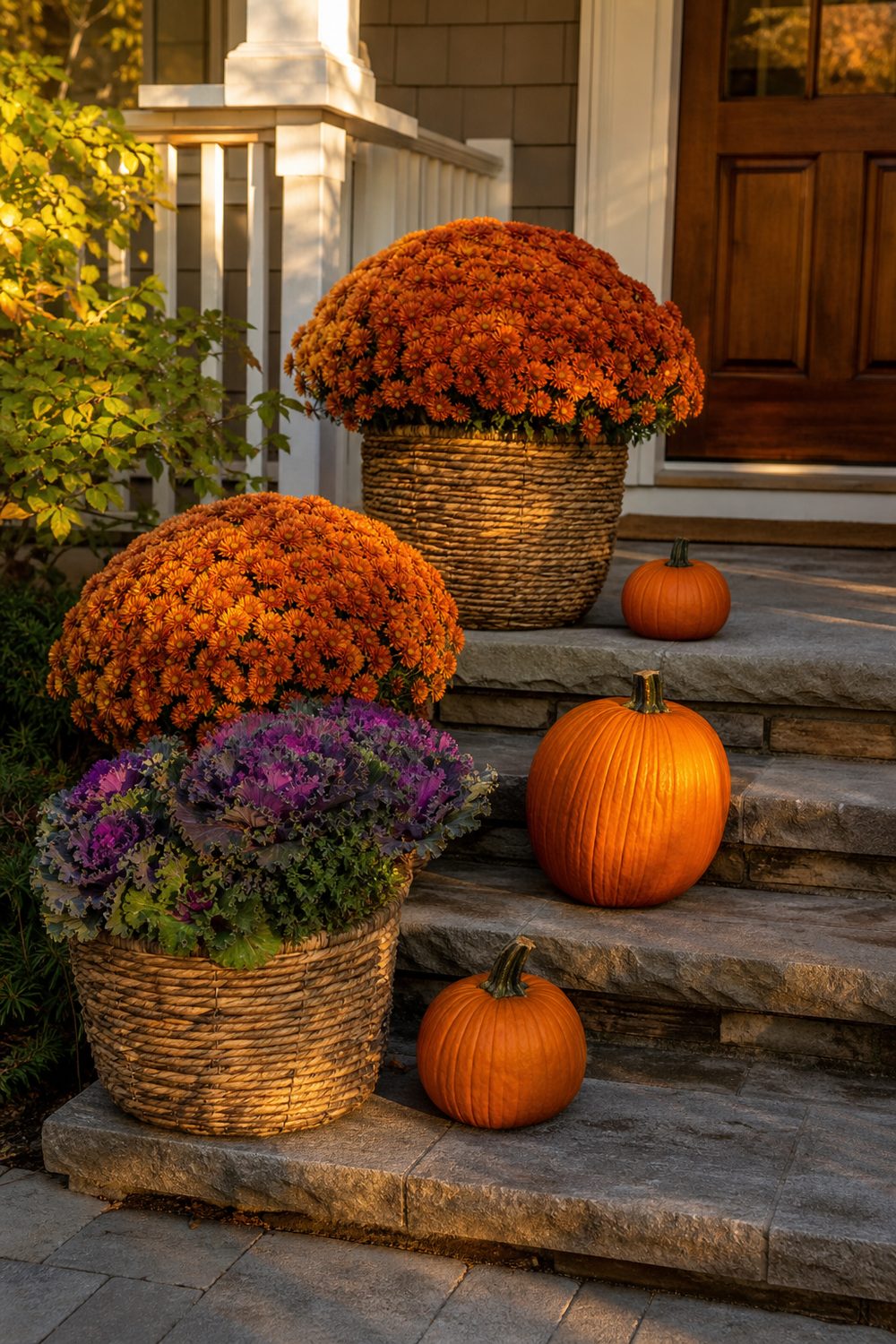Two rust orange mums in basket planters with three real pumpkins and ornamental kale on grey porch steps