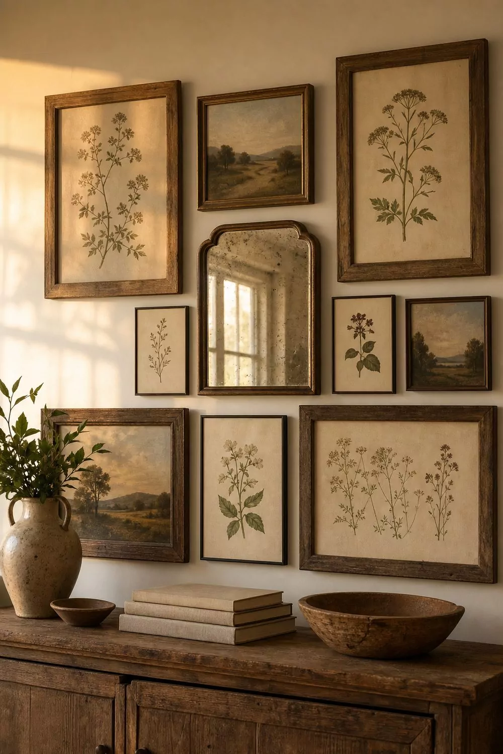 Farmhouse gallery wall of mixed wood and black frames with botanical prints and a vintage mirror above a low console
