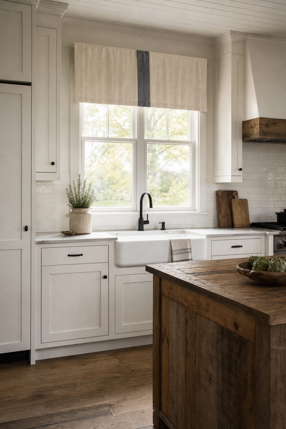 Natural cotton valance with a wide indigo grain sack stripe above a rustic farmhouse kitchen window