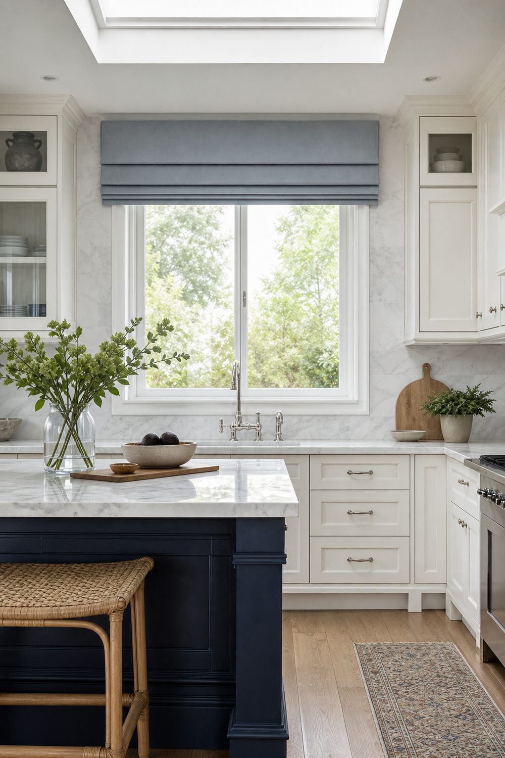 Grey blue faux roman shade valance with stacked folds above a transitional kitchen window with navy island