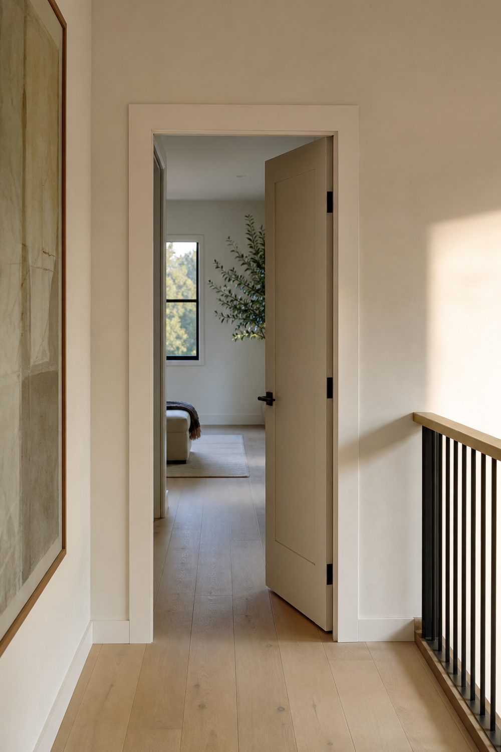 Flat square edged white door casing with crisp mitered corners in a bright modern hallway with pale oak floors