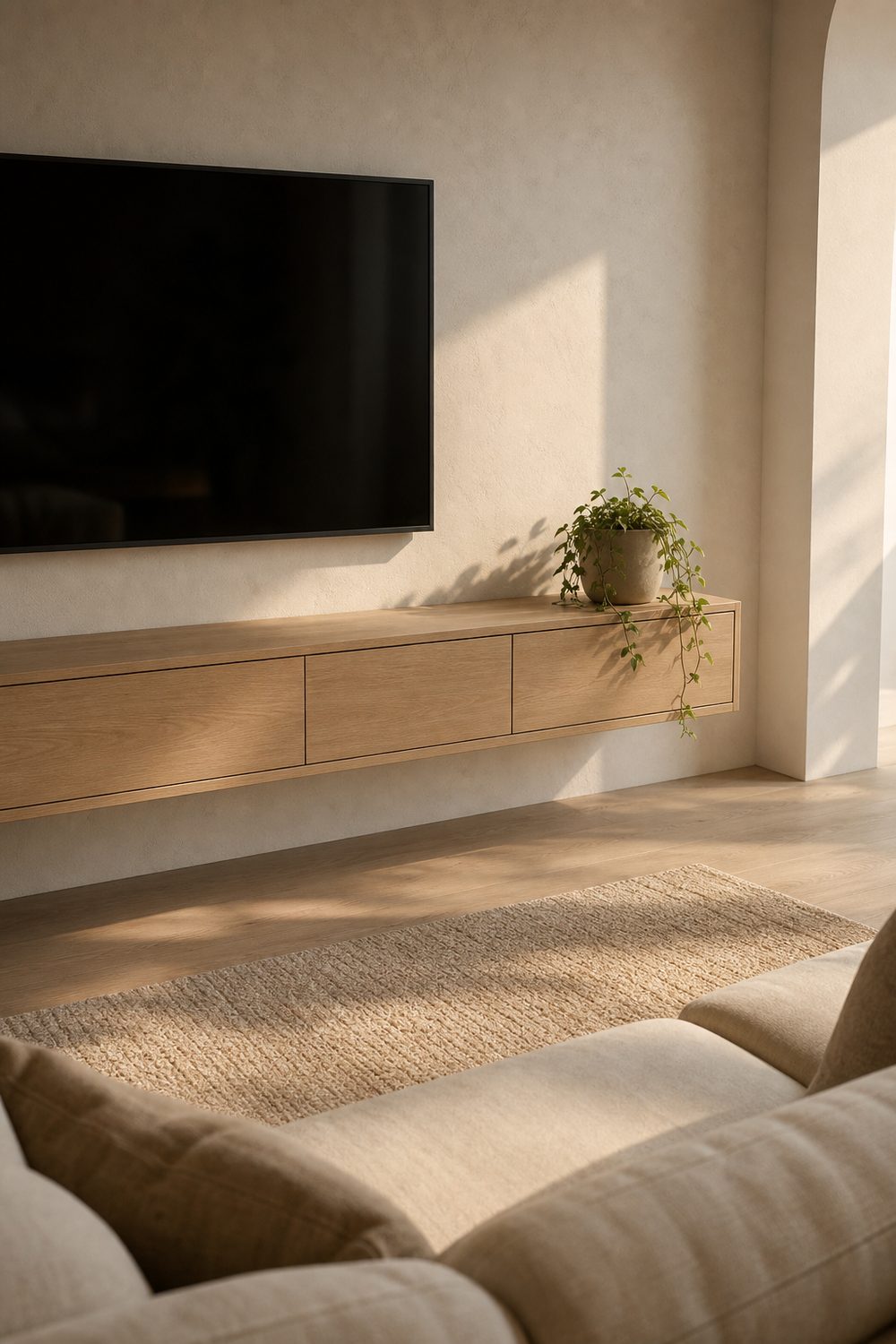 Floating pale oak media console under a wall mounted TV in a minimalist living room with no visible cables