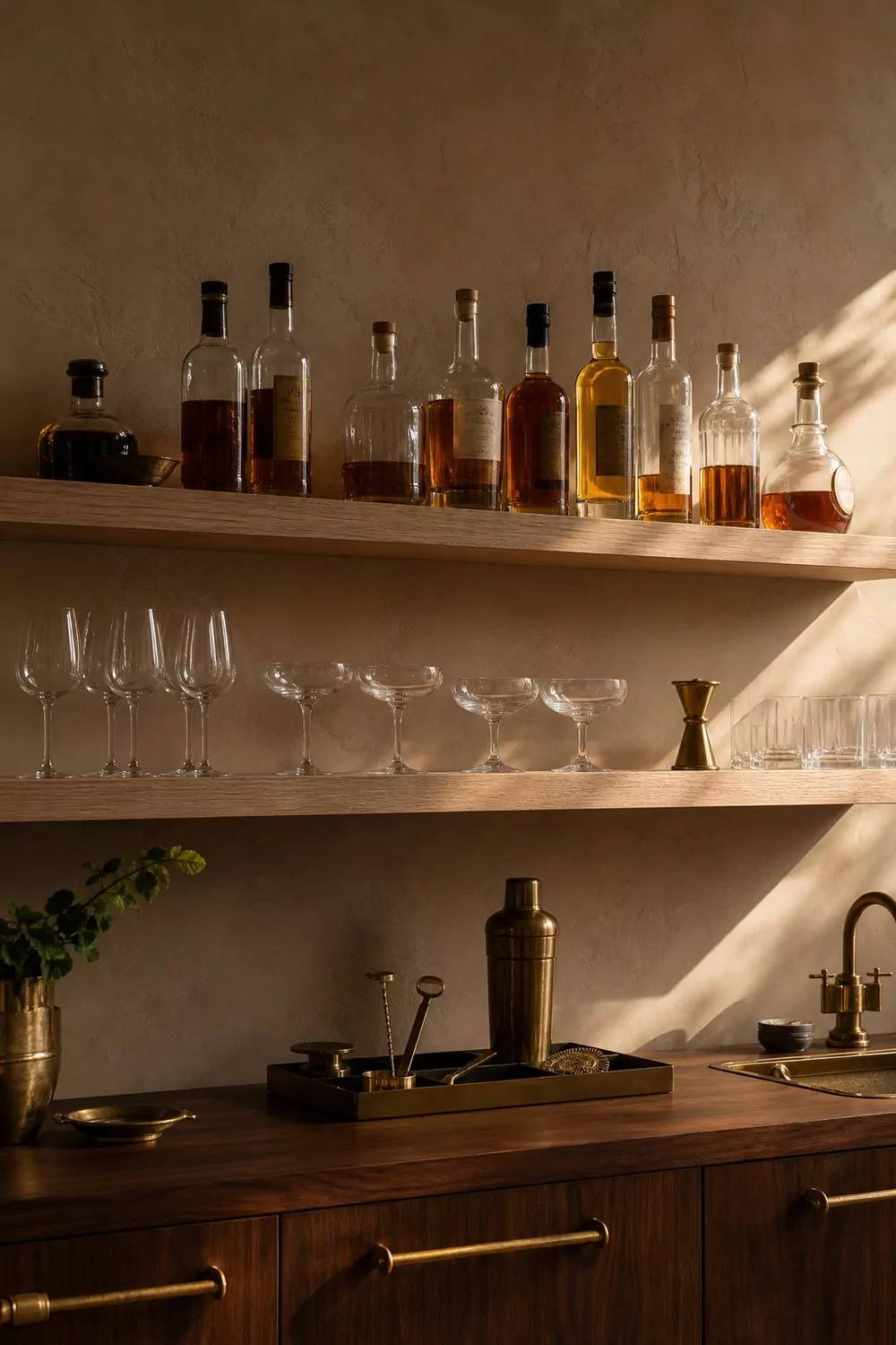 Two slim white oak floating ledges above a walnut bar counter holding amber bottles and coupe glasses on a warm clay plaster wall