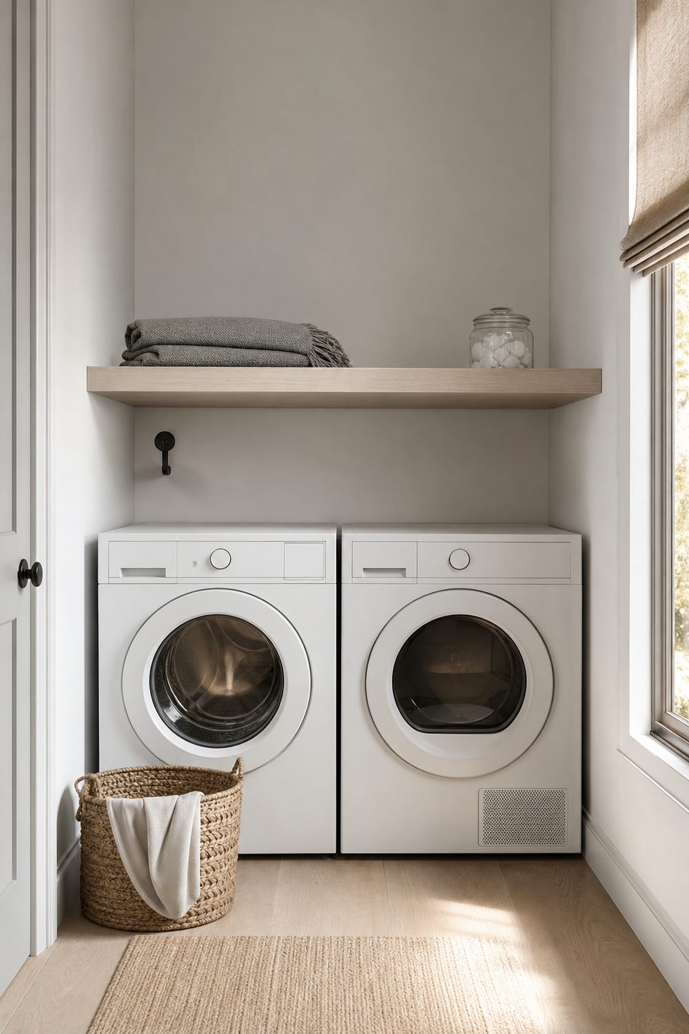 Slim pale ash floating shelf mounted above a stacked washer and dryer holding folded grey linen in a narrow laundry room