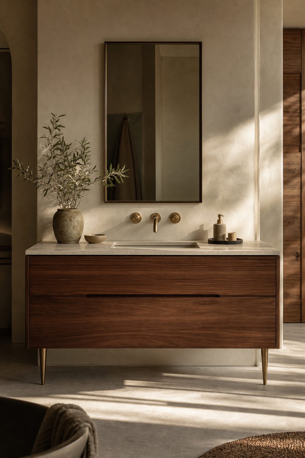 Walnut bathroom vanity on slim brass tapered legs with a pale stone counter, undermount sink and wall mounted brass tap