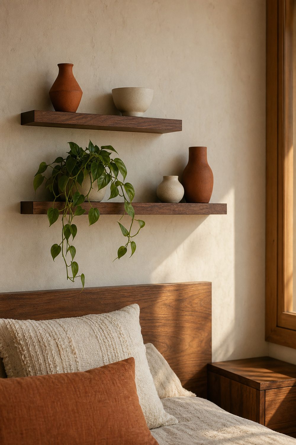 Two floating walnut shelves on a plaster wall holding matte ceramic vases in rust and cream and a trailing plant