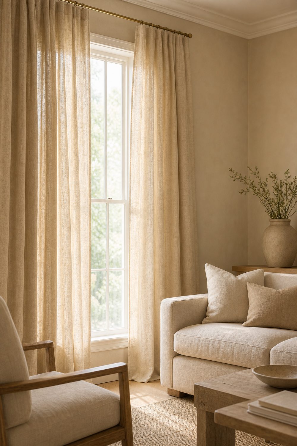 Floor length beige linen curtains hung high above window trim beside a beige sofa, breaking gently at the floor