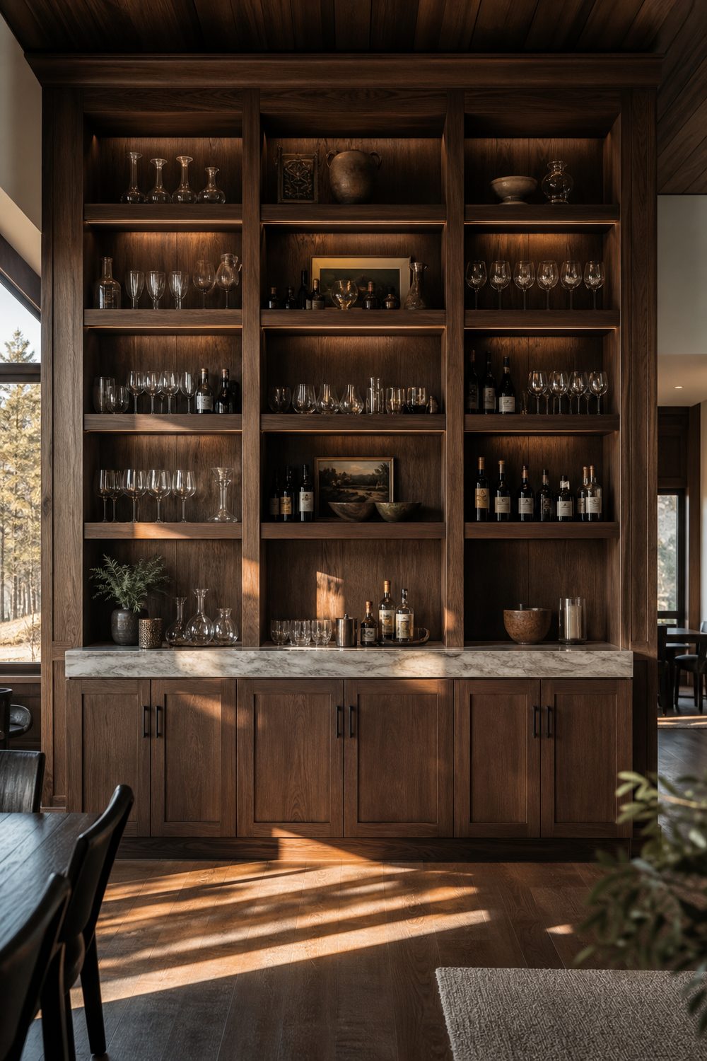 Full height stained oak bar wall in a dining room mixing open upper shelving, closed lower cabinets and a honed stone counter midway up
