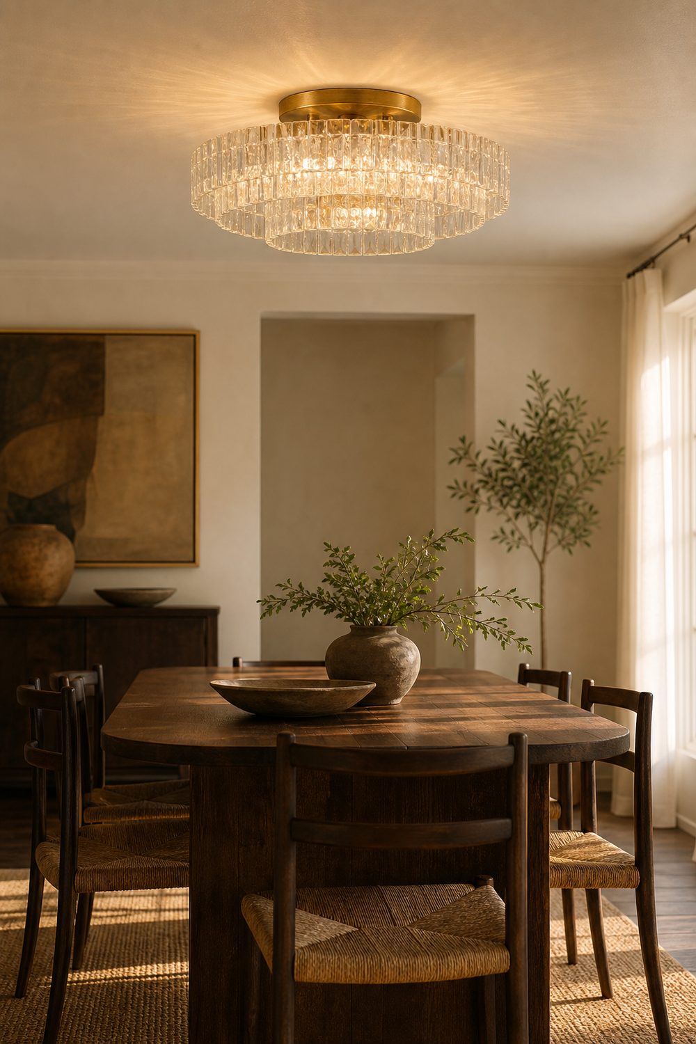 Low profile flush mount glass chandelier close to the ceiling above a dark wood dining table