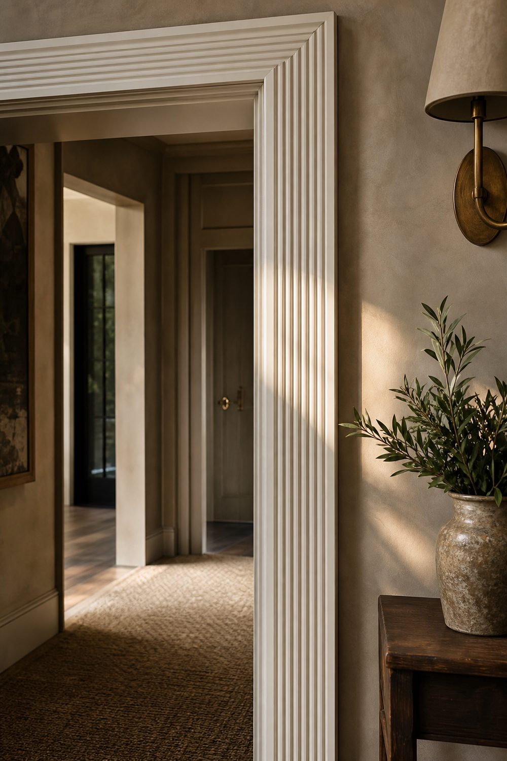Fluted white door casing with evenly spaced vertical reeded grooves catching side light in a greige entry hall