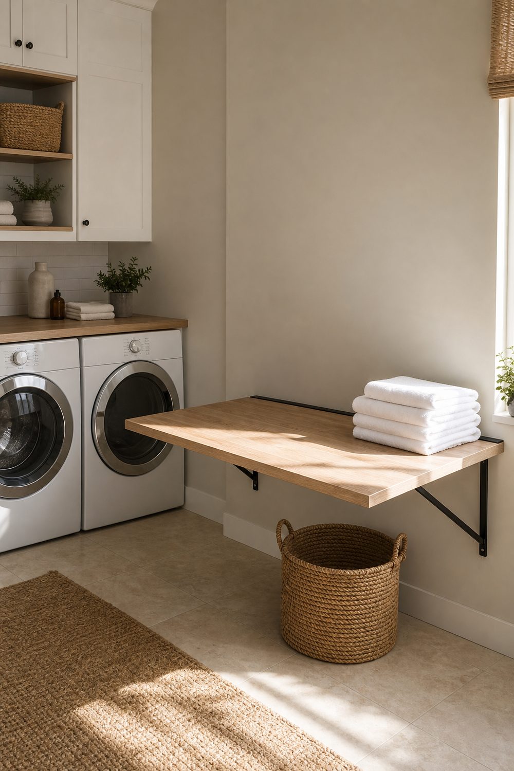 Fold down wall mounted white oak folding table open above a woven basket in a white laundry room with washer and dryer