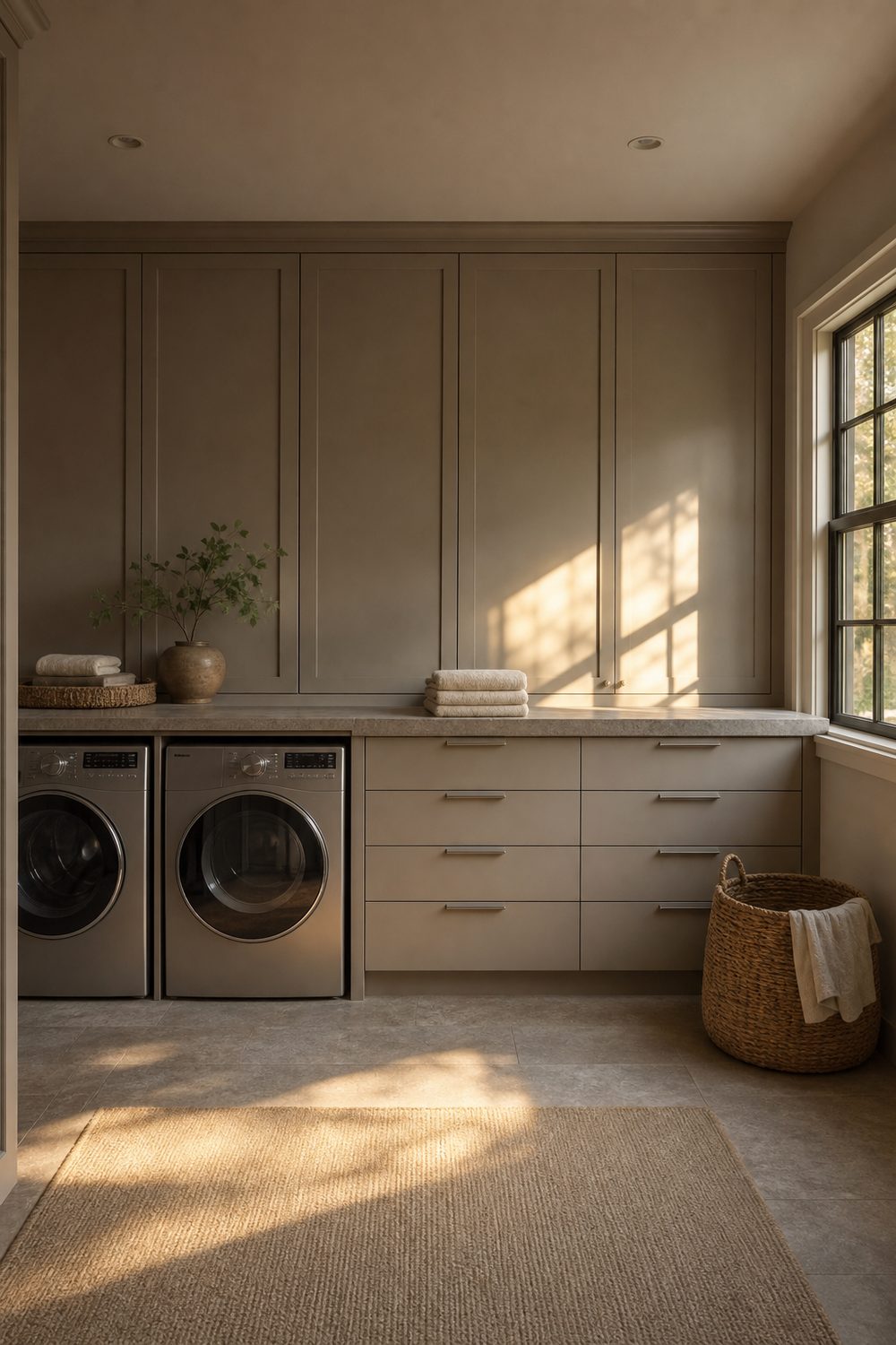 Built-in folding counter section set between tall greige cabinet towers with folded towels in a custom laundry room