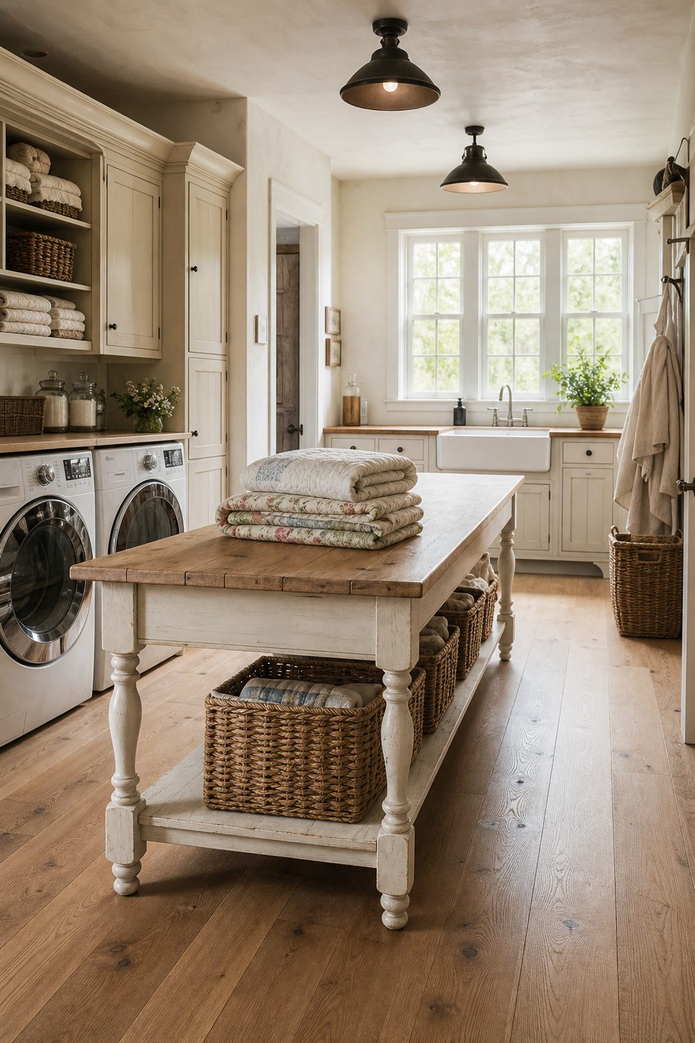 Freestanding farmhouse folding table with a scrubbed pine top and seagrass baskets on its lower shelf in an oak-floored laundry room