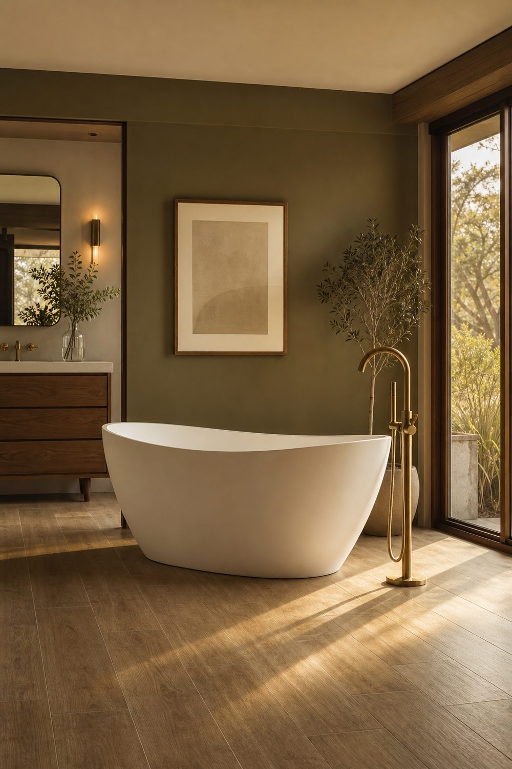Curved white freestanding soaking tub on wood look plank tile with a brass floor mounted filler and olive green wall