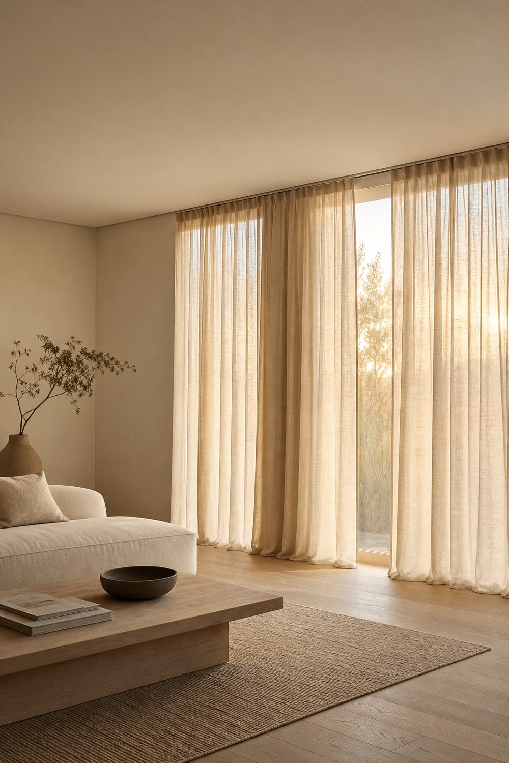Floor length oatmeal linen curtains hung from a ceiling track beside tall windows in a minimalist living room