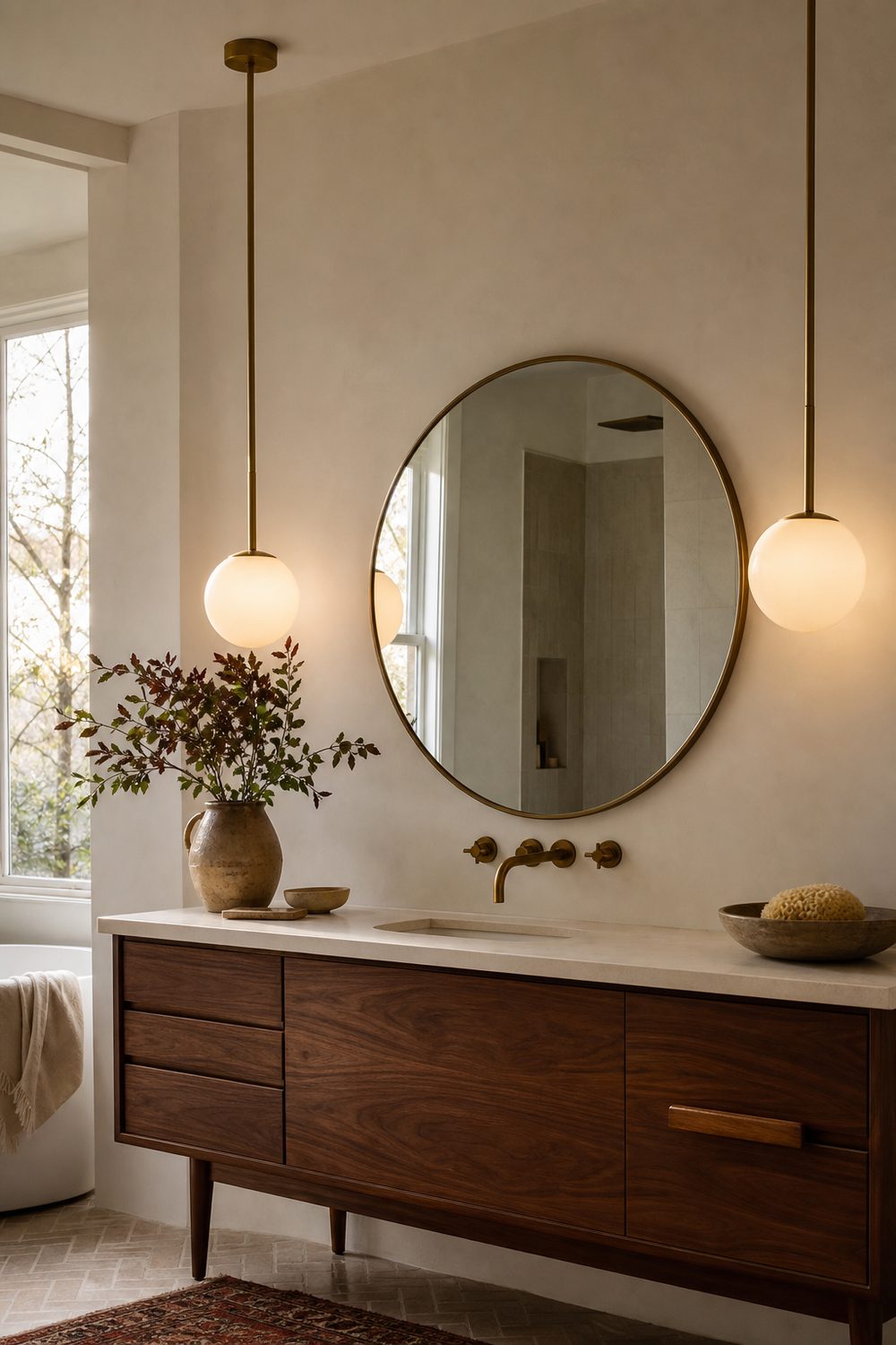 Two opal glass globe pendants on brass stems flanking a round brass mirror above a walnut midcentury vanity
