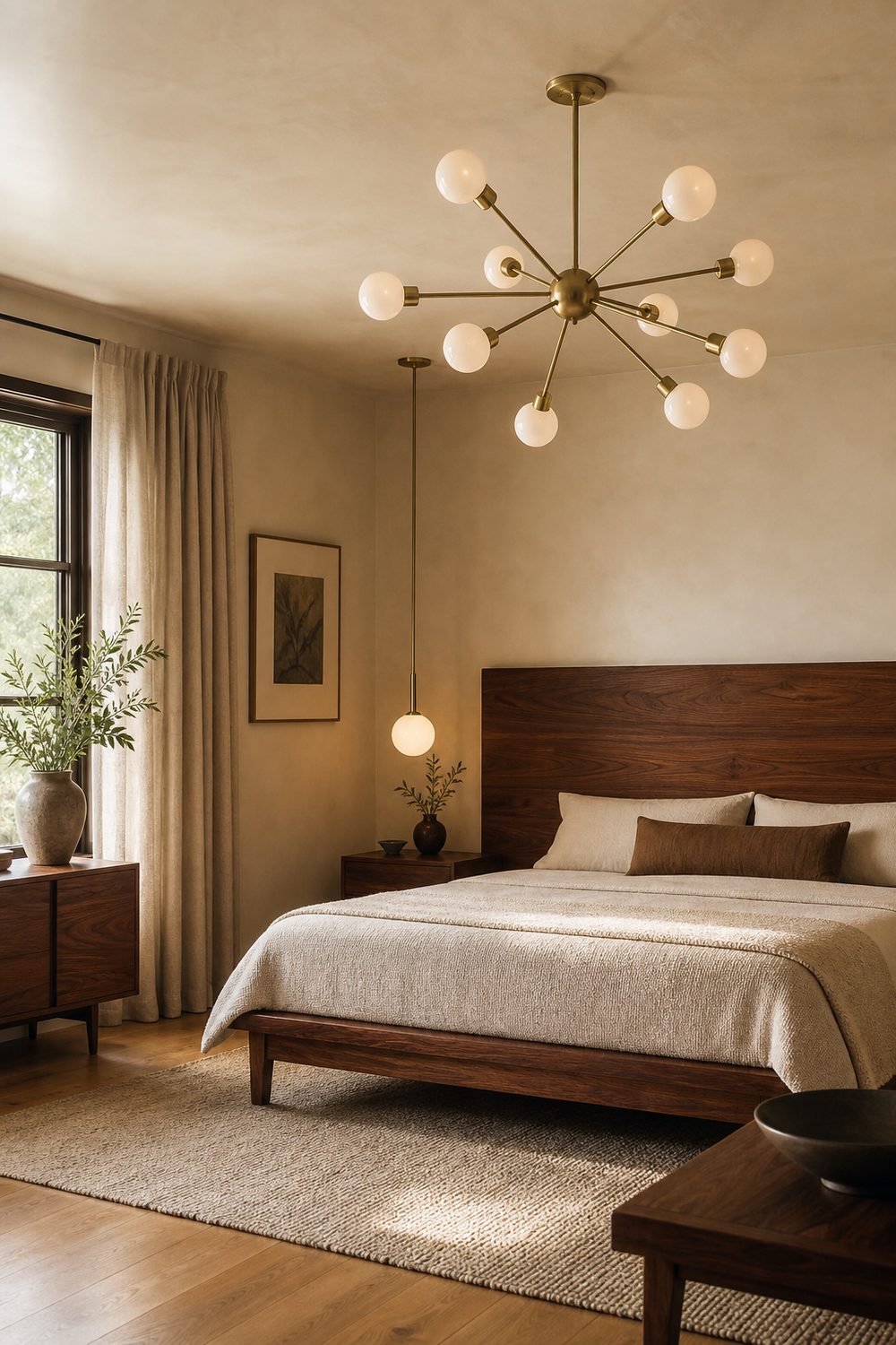 Brass sputnik ceiling fixture with opal globe bulbs above a low walnut bed, with a small globe pendant beside it
