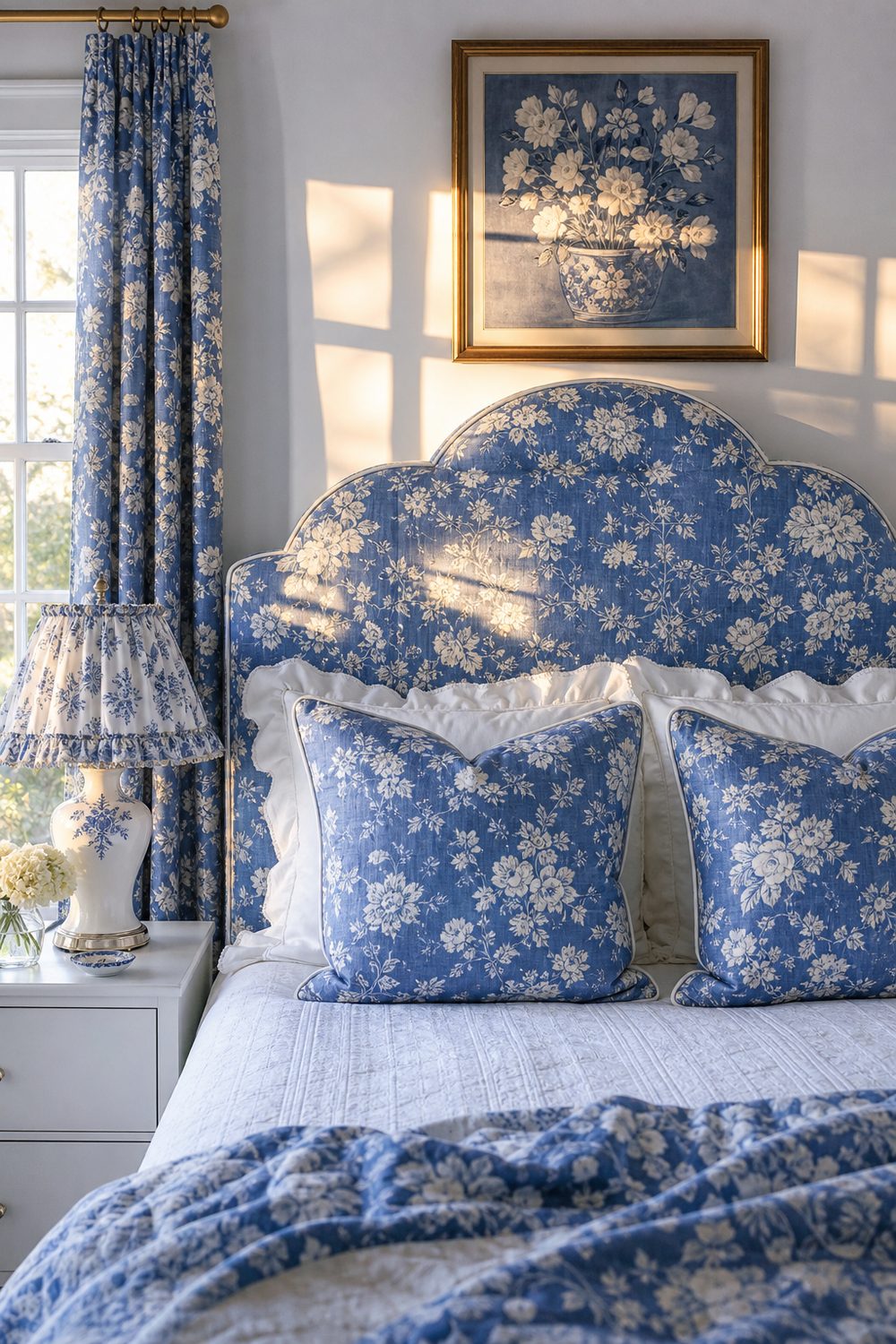 Blue floral chintz upholstered headboard and euro shams with white bedding, ruffled lampshade and white walls in a bedroom