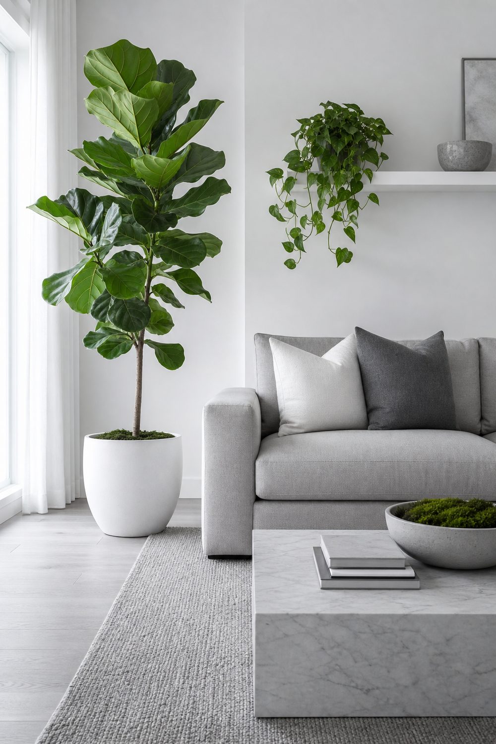 Tall fiddle leaf fig in a white planter beside a grey sofa with trailing pothos on a white shelf in a grey and white living room