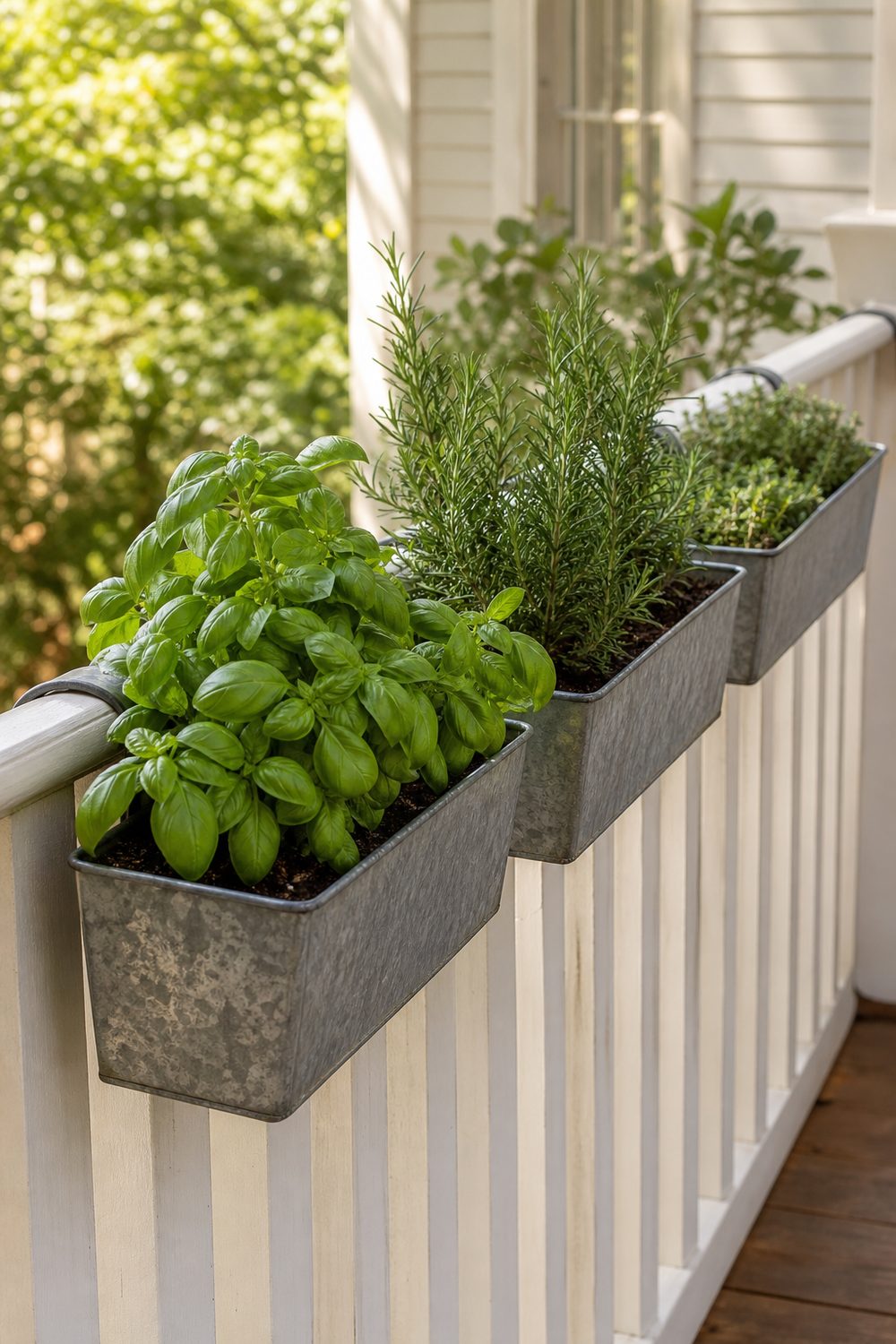 Three galvanized rail planters hooked over a white porch railing holding basil, rosemary and thyme in soil
