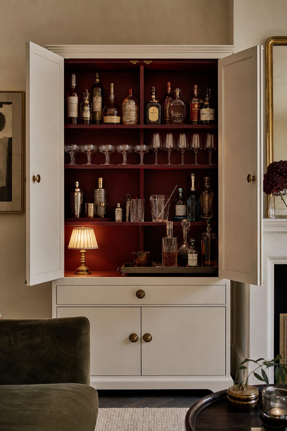 Off white living room cabinet with doors swung open revealing a fitted bar inside painted saturated oxblood with bottles, glassware and tools