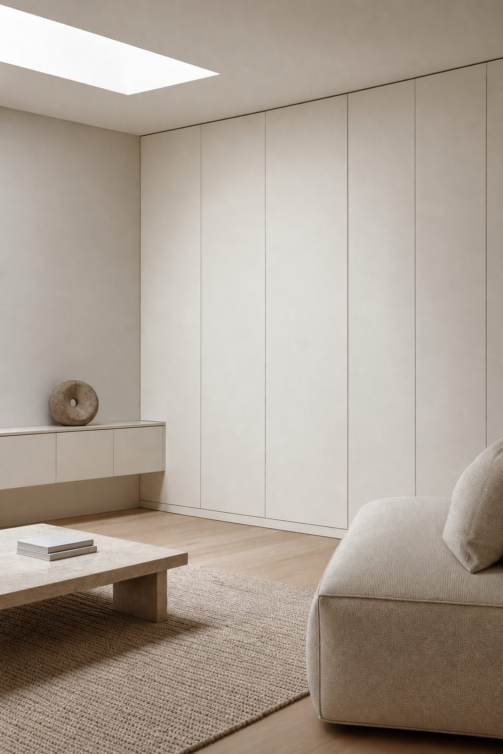 Full height handleless white storage cabinets blending into the wall of a minimalist living room with oak floors