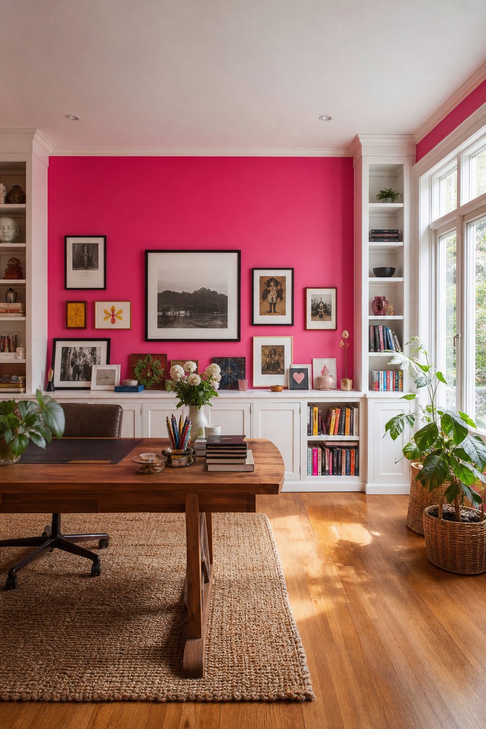Hot pink accent wall behind white built-in shelving and black picture frames with natural wood flooring
