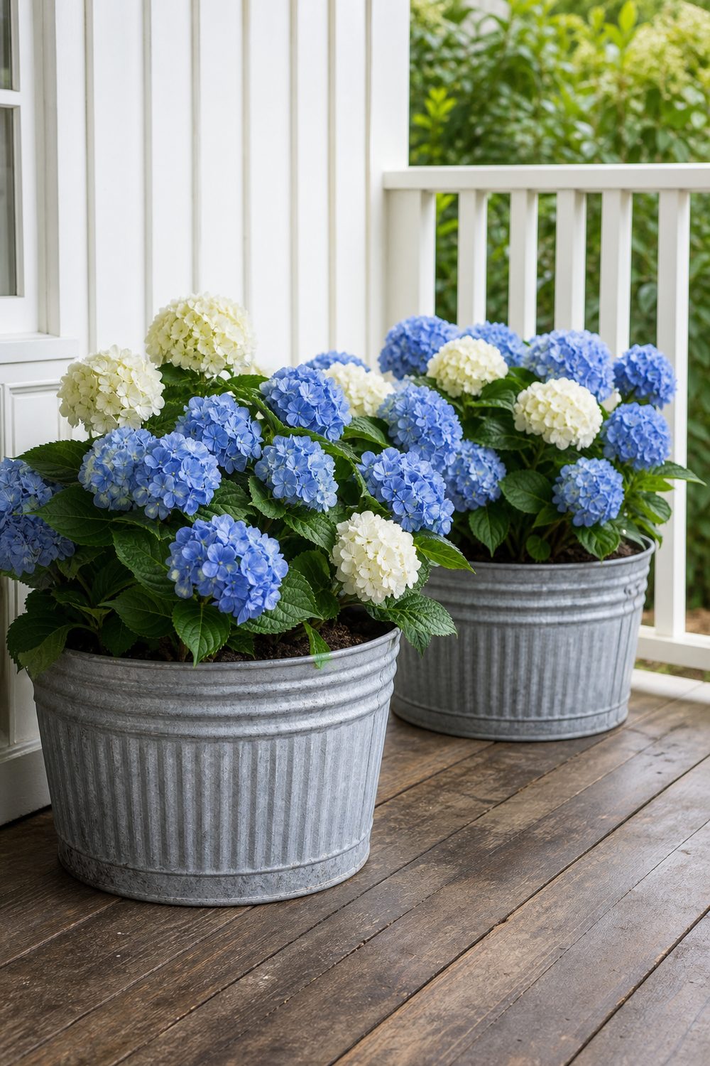 Two ribbed galvanized metal tubs filled with blue and white mophead hydrangeas on white porch floorboards